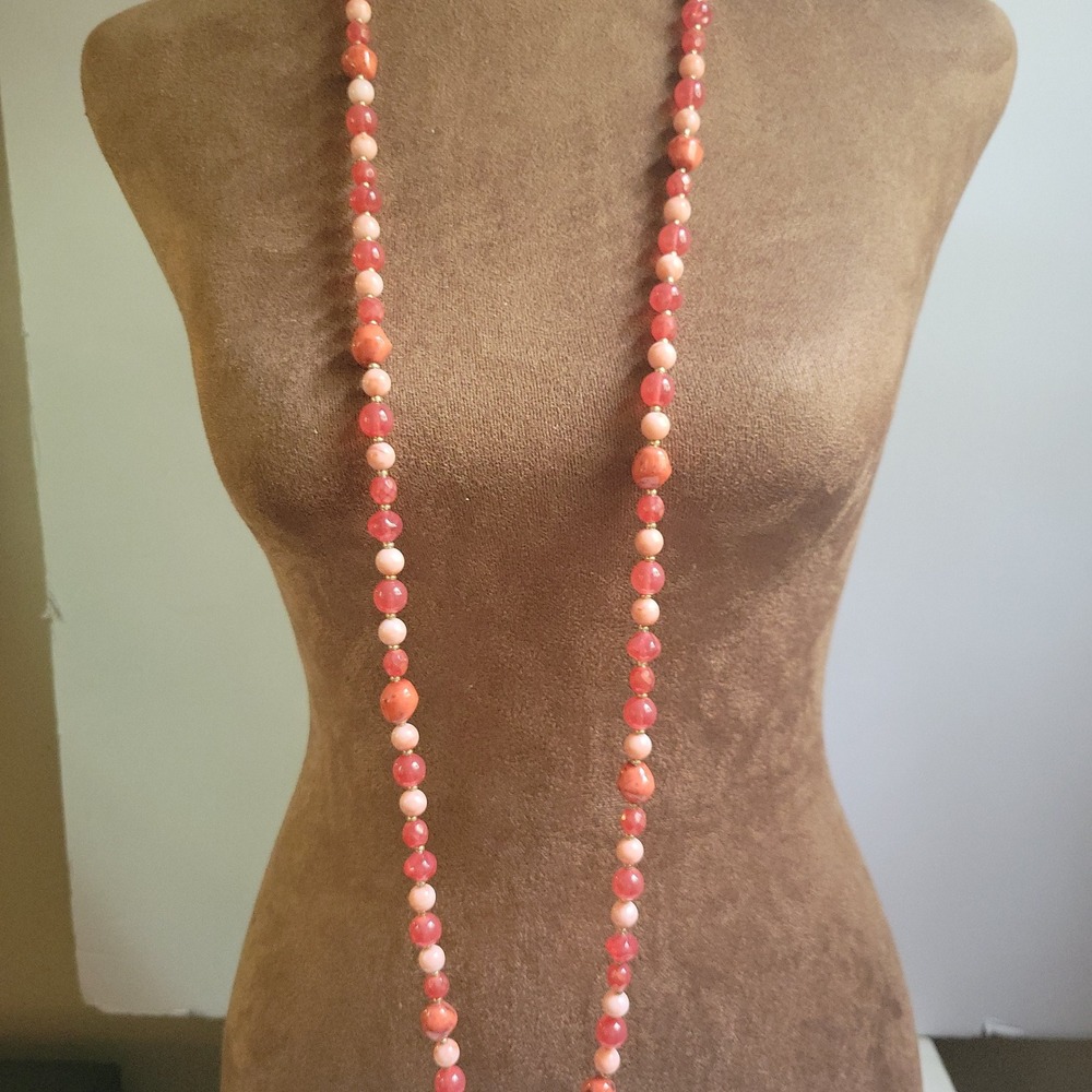 Vintage Pink Coral & Agate Beaded Long 44" Continuous Necklace Cottagecore